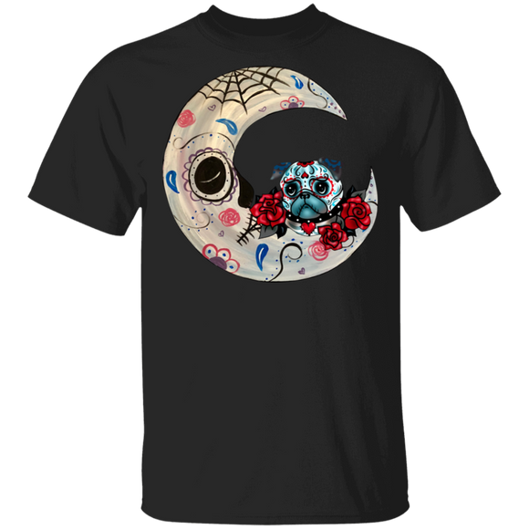 Funny Pug Sugar Skull Sitting On Scary Moon Matching Halloween Gifts. etsypng T-Shirt - Macnystore