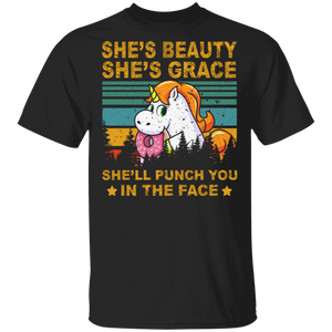 Vintage Square She's Beauty She's Grace She'll Punch You In The Face Funny Donut Unicorn Shirt Matching Magical Unicorn Lover Gifts T-Shirt - Macnystore