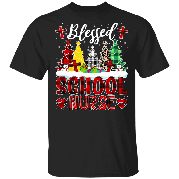 Christmas Nurse Shirt Blessed School Nurse Funny Christmas Nurse Buffalo Plaid X-mas Tree Lover Gifts T-Shirt - Macnystore