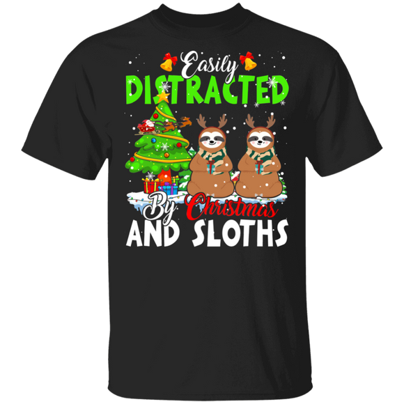 Christmas Sloth Shirt Easily Distracted By Christmas And Sloths Funny Christmas Reindeer Sloth Lover Gifts T-Shirt - Macnystore