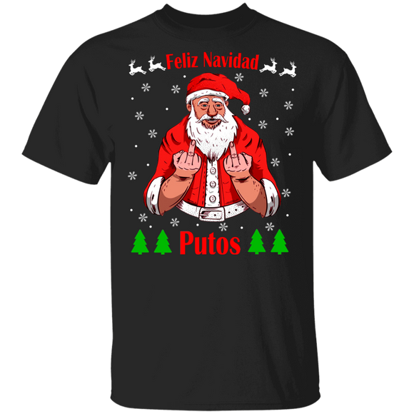 Christmas Santa Shirt Feliz Navidad Putos Funny Christmas Santa Claus Middle Finger Gifts T-Shirt - Macnystore