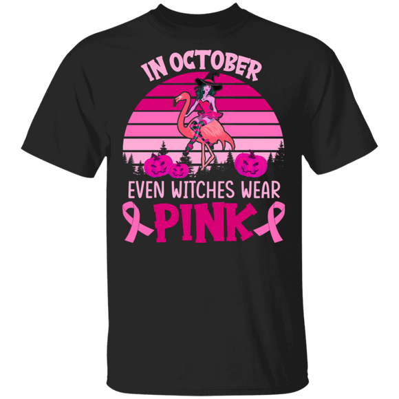 Halloween Breast Cancer Shirt Retro In October Even Witches Wear Pink Flamingo Lover Gift Breast Cancer T-Shirt - Macnystore