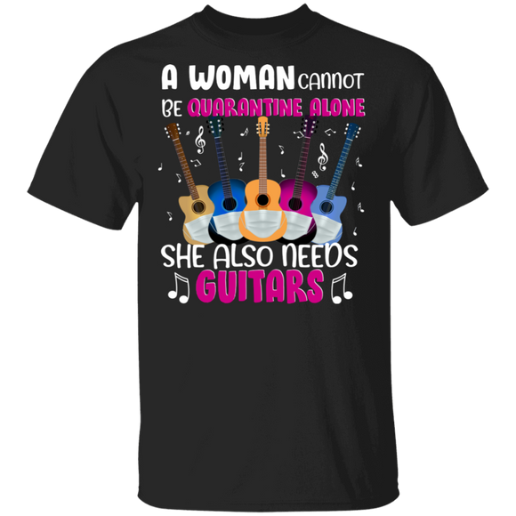 A Woman Cannot Be Social Distancing Alone She Also Needs Guitar Funny Guitars Shirt Matching Guitarist Guitar Player Women Gifts T-Shirt - Macnystore