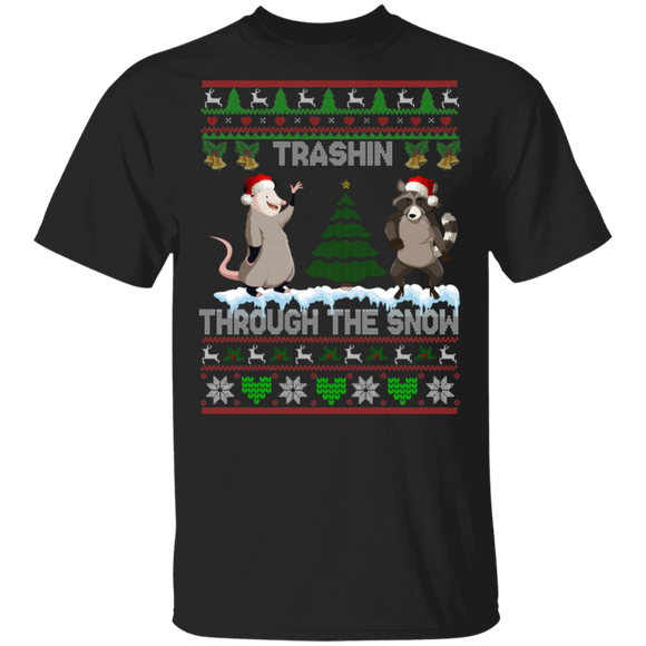 Christmas Raccoon Lover Shirt Trashin Through The Snow Ugly Funny Christmas Sweater Garbage Gang Opossum Raccoon Lover Gifts Christmas T-Shirt - Macnystore