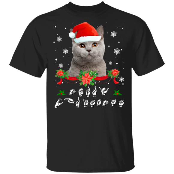 Christmas ASL Sign Language Shirt Cat With Santa Hat Merry Christmas Cat Lover Gifts Christmas T-Shirt - Macnystore