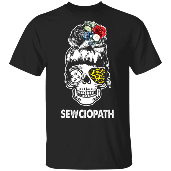 Sewing Sewciopath Skull Leopard Flowers Skull Lady T-Shirt - Macnystore