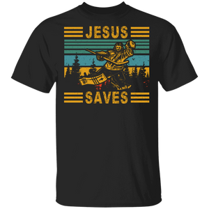 Vintage Retro Jesus Saves Cool Jesus Playing Hockey Shirt Matching Hockey Lover Player Fans Christian Gifts T-Shirt - Macnystore
