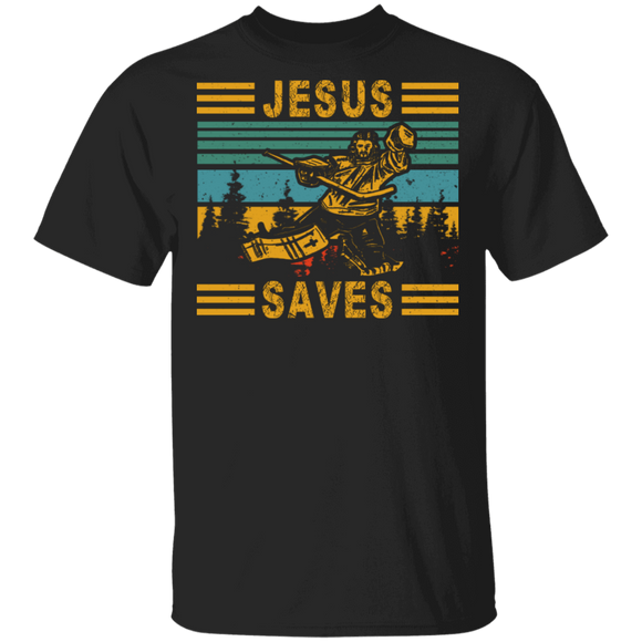 Vintage Retro Jesus Saves Cool Jesus Playing Hockey Shirt Matching Hockey Lover Player Fans Christian Gifts T-Shirt - Macnystore