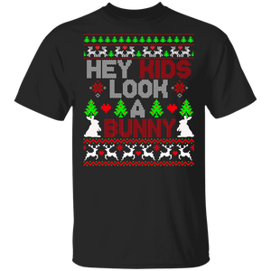 Christmas Bunny Lover Shirt Hey Kids Look A Bunny Ugly Christmas Sweater Bunny Rabbit Hunting Lover Gifts T-Shirt - Macnystore