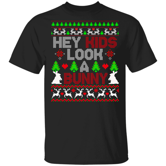 Christmas Bunny Lover Shirt Hey Kids Look A Bunny Ugly Christmas Sweater Bunny Rabbit Hunting Lover Gifts T-Shirt - Macnystore