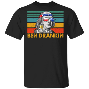 Vintage Retro Ben Drankin Cute Benjamin Franklin Wearing American Flag Headband Glasses Shirt 4th Of July US Independence Day Gifts T-Shirt - Macnystore