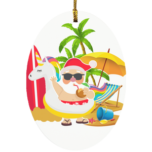 Unicorn Santa Claus Relaxing in Hawaii Beach Oval Smart object SUBORNO Oval Ornament - Macnystore
