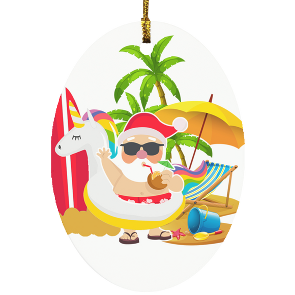 Unicorn Santa Claus Relaxing in Hawaii Beach Oval Smart object SUBORNO Oval Ornament - Macnystore
