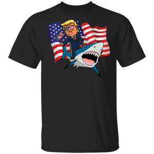 Funny American Flag Trump Riding Shark Matching 4th Of July Independence Day Gifts T-Shirt - Macnystore