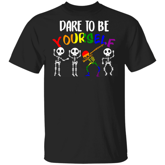 Dare To Be Yourself Pride LGBT Dabbing Skeleton Proud LGBT Gay Lesbian Gifts T-Shirt - Macnystore