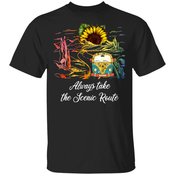 Always Take The Scenic Route Cool Sunflower Hippie Car Peace Sign Gifts T-Shirt - Macnystore