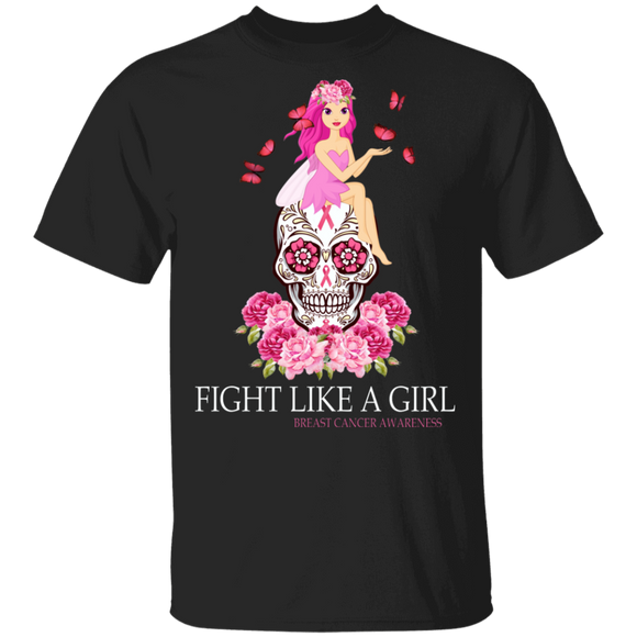 Fight Like A Girl Breast Cancer Awareness Floral Sugar Skull Pink Ribbon Gifts T-Shirt - Macnystore