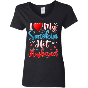 I Love My Smokin Hot Husband Cute Valentine Couple Ladies V-Neck T-Shirt - Macnystore