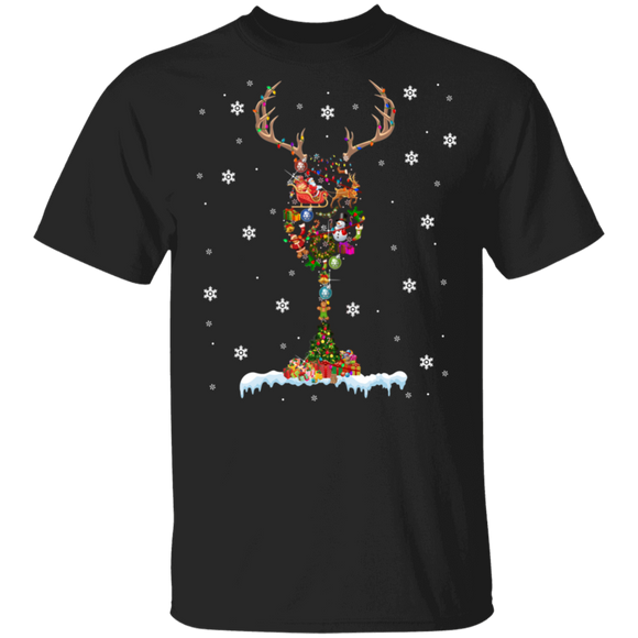 Christmas Wine Shirt Christmas Light Wine Glass Decoration Cool Christmas Reindeer Wine Glass Drinking Lover Gifts T-Shirt - Macnystore