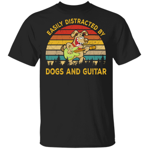 Vintage Retro Easily Distracted By Dogs And Guitar Funny Dog Lover Guitarist Gifts T-Shirt - Macnystore