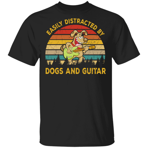 Vintage Retro Easily Distracted By Dogs And Guitar Funny Dog Lover Guitarist Gifts T-Shirt - Macnystore