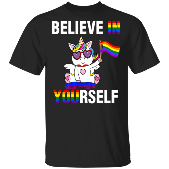 Believe In Yourself Cool Unicorn Holding Pride LGBT Flag Proud LGBT Gay Lesbian Gifts T-Shirt - Macnystore