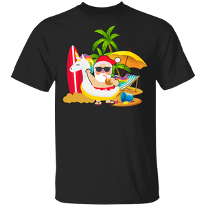 Merry Christmas Cool Unicorn Santa Claus Relaxing In Hawaii Beach Funny Christmas In July Gifts T-Shirt - Macnystore