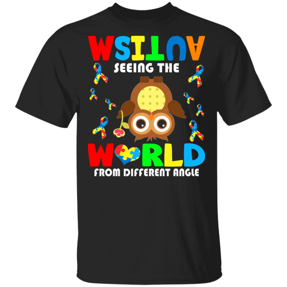Autism Seeing The World From Different Angel Cute Owl Awesome Autism Awareness Autistic Children Autism Patient Kids Women Men Gifts T-Shirt - Macnystore