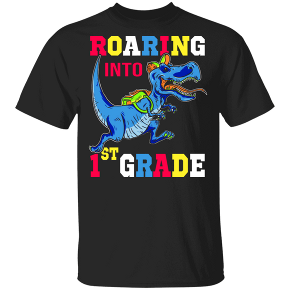 Dinosaurs Roaring Into 1st Grade Shirt Funny T-Rex Back To School Gifts T-Shirt - Macnystore