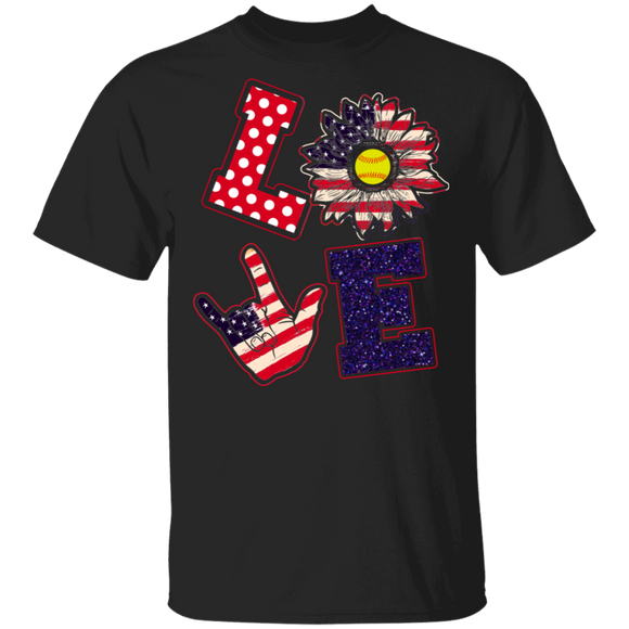 Love American Flag Sunflower Softball Shirt Matching Softball Lover Player Happy 4th Of July United States Independence Day Gifts T-Shirt - Macnystore