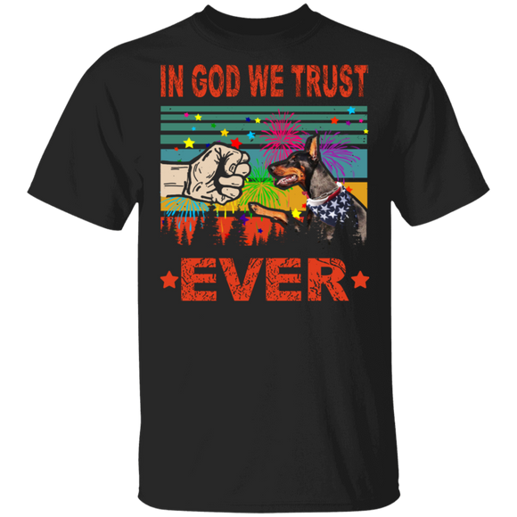 In God We Trust Ever Cute Dobermann Wearing American Flag 4th Of July Gifts T-Shirt - Macnystore