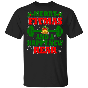 Christmas Fitness Lover Shirt Merry Fitmas And A Happy New Rear Cool Christmas Fitness Lover Gifts Christmas T-Shirt - Macnystore