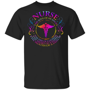 Nurse The Soul Of An Angel The Fire Of Lioness The Heart Of A Hippie The Mouth Of A Sailor Medical Symbol Shirt Matching Nurse Gifts T-Shirt - Macnystore