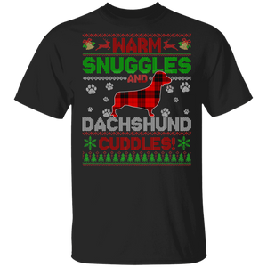 Christmas Dog Lover Shirt Warm Snuggles And Dachshund Cuddles Ugly Funny Christmas Sweater Dog Red Buffalo Plaid Gifts T-Shirt - Macnystore