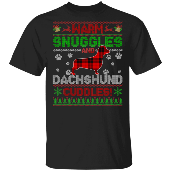 Christmas Dog Lover Shirt Warm Snuggles And Dachshund Cuddles Ugly Funny Christmas Sweater Dog Red Buffalo Plaid Gifts T-Shirt - Macnystore