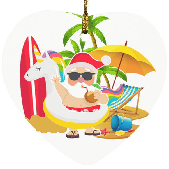 Unicorn Santa Claus Relaxing in Hawaii Beach Heart smart object SUBORNH Heart Ornament - Macnystore