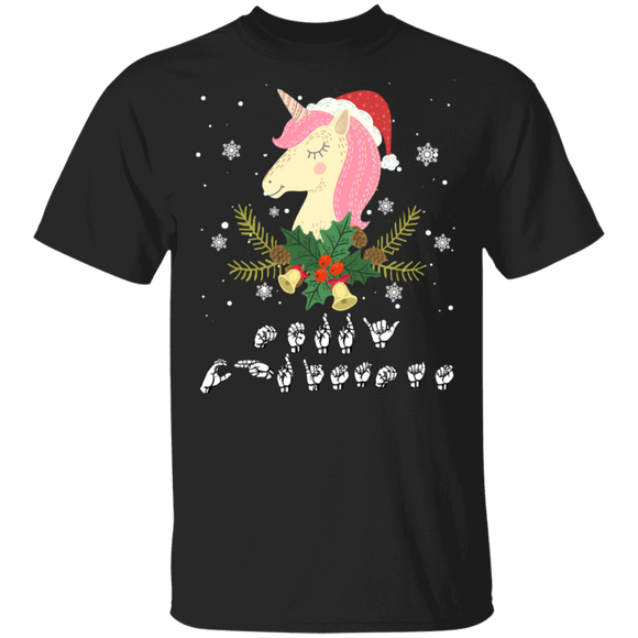 Christmas ASL Sign Language Shirt Unicorn With Santa Hat Merry Christmas Unicorn Lover Gifts Christmas T-Shirt - Macnystore