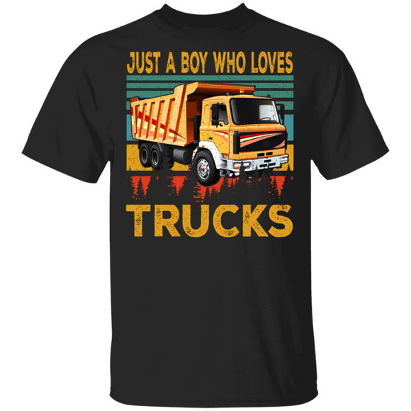 Vintage Retro Just A Boy Who Loves Trucks Funny Trucker Truck Lover Gifts T-Shirt - Macnystore