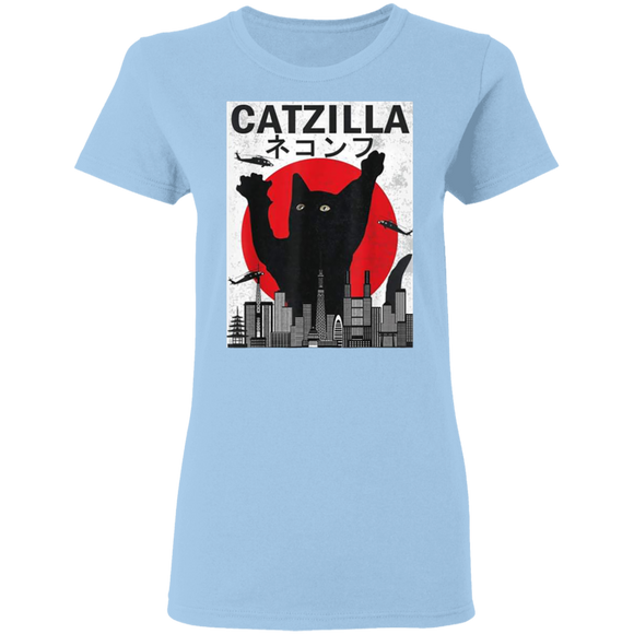 Vintage Catzilla Japanese Sunset Angry Cat Kitten Lover Ladies T-Shirt - Macnystore
