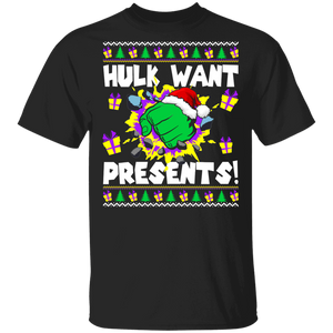 Christmas Movie Shirt Hulk Want Presents Ugly Funny Christmas Sweater Santa Hulk Hand Movie Lover Gifts T-Shirt - Macnystore