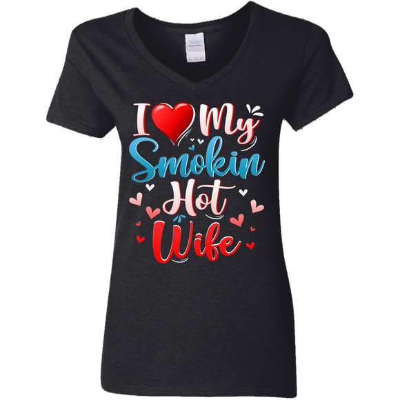 I Love My Smokin Hot Wife Cute Valentine Couple Ladies V-Neck T-Shirt - Macnystore