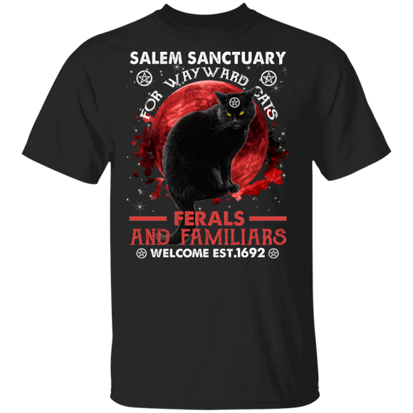 Salem Sanctuary For Wayward Cats Ferals And Familiars Welcome EST.1692 Cool Black Cat Gifts T-Shirt - Macnystore