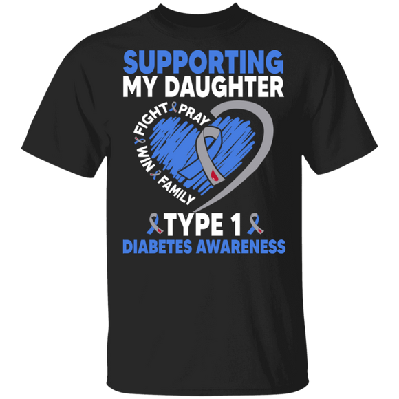 Diabetes Awareness Shirt Supporting My Daughter Type 1 Diabetes Cool T1D Kids Diabetic Awareness Ribbon Heart Daughter Family Gifts T-Shirt - Macnystore