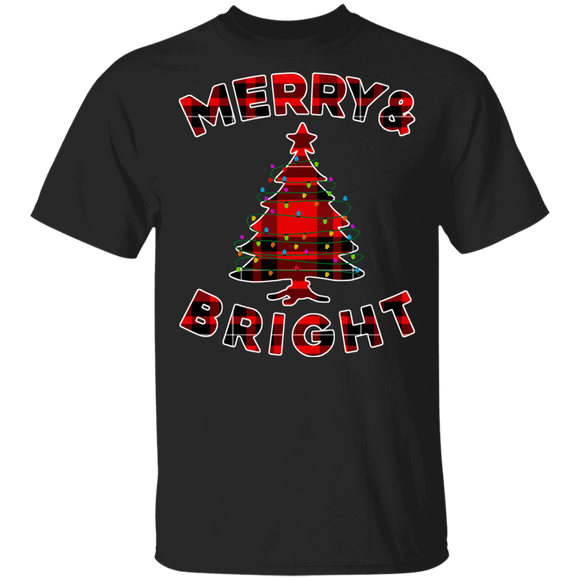Christmas Tree Shirt Merry and Bright Cool Christmas Red Plaid Tree With X-mas Lights Matching Pajama Family Gifts T-Shirt - Macnystore