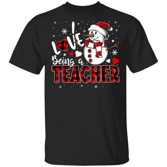 Christmas Snowman Shirt I Love Being A Teacher Funny Christmas Santa Snowman Red Plaid Gifts T-Shirt - Macnystore