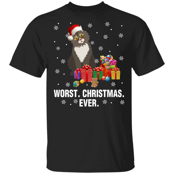 Christmas Cat Shirt Worst Christmas Ever Funny Christmas Cat With Santa Hat Cat Lover Gifts T-Shirt - Macnystore