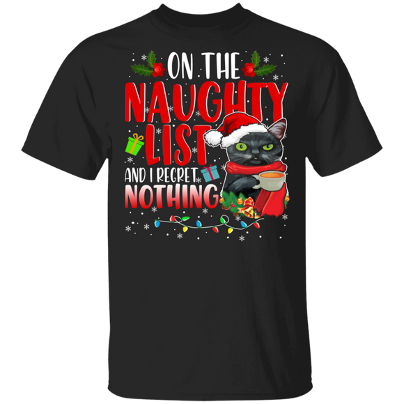 Christmas Cat Lover Shirt On Naughty List And I Regret Nothing Funny Christmas Santa Black Cat Lover Gifts T-Shirt - Macnystore