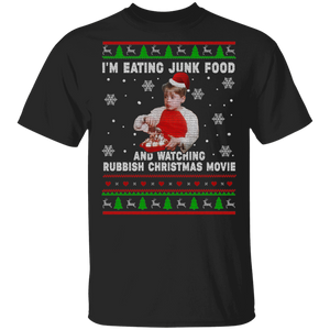 Christmas Movie Shirt I'm Eating Junk Food And Watching Rubbish Christmas Movie Ugly Funny Christmas Santa Kevin Home Alone Movie Lover Gifts T-Shirt - Macnystore