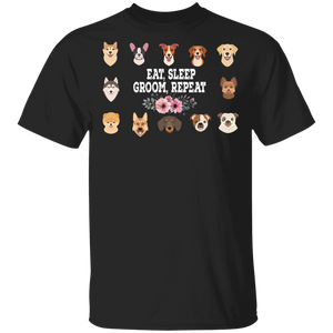 Dog Grooming Shirt Eat Sleep Groom Repeat Funny Floral Pug Bulldog Husky Dachshund Beagle Dog Pet Groomer Gifts T-Shirt - Macnystore