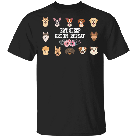 Dog Grooming Shirt Eat Sleep Groom Repeat Funny Floral Pug Bulldog Husky Dachshund Beagle Dog Pet Groomer Gifts T-Shirt - Macnystore